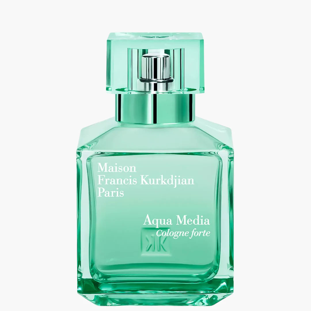 Green perfume bottle with Maison Francis Kurkdjian branding on a white background